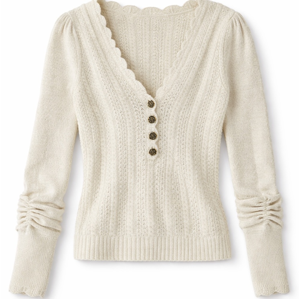 Anthropologie Scallop V-Neck Pointelle Sweater